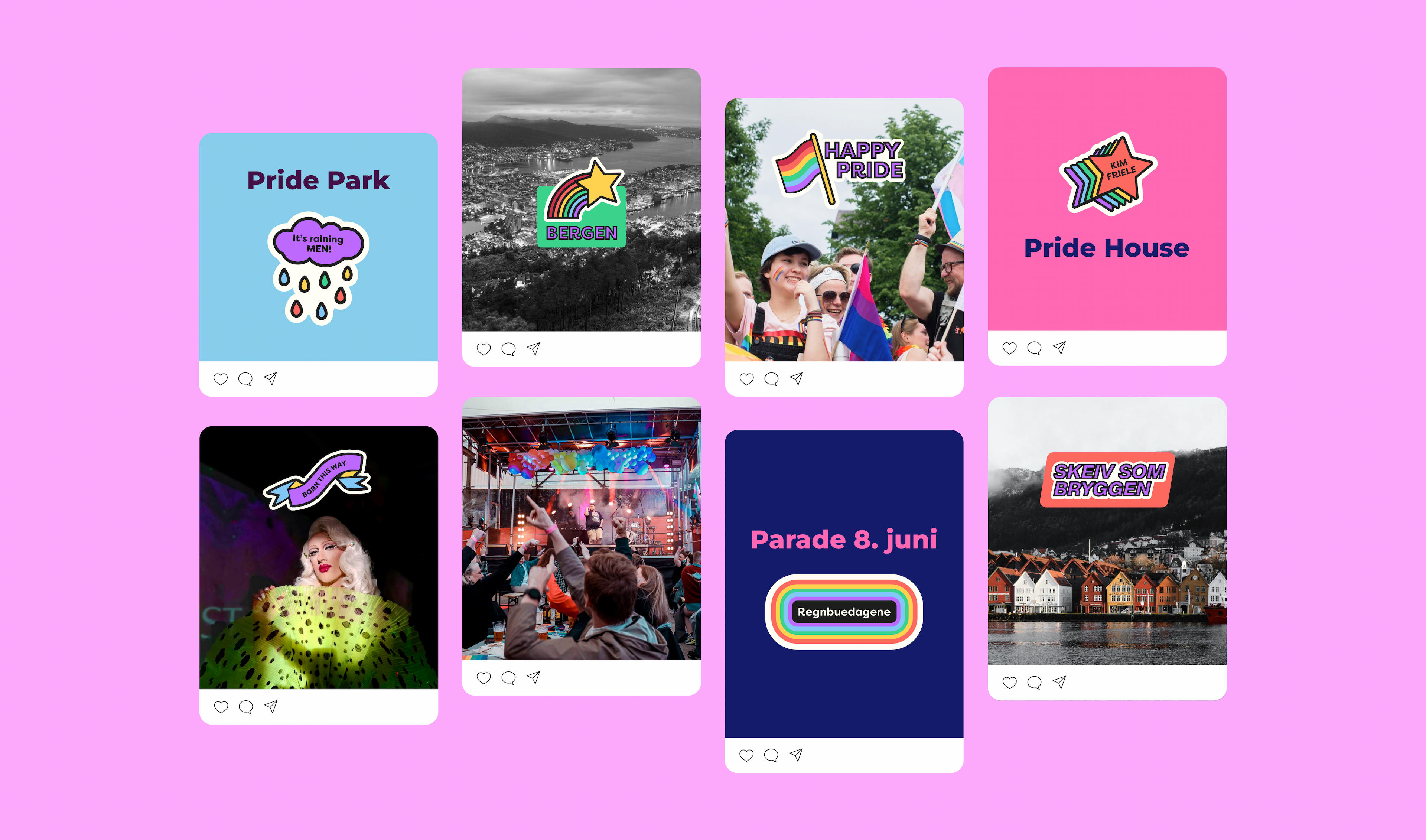 Some poster med visualisering av Pride grafikk og stickers